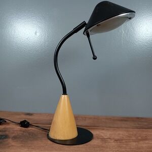 Modern Gooseneck Desk Lamp Wood Cone Base Black Metal Adjustable Task Light